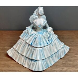 Vintage Margot Japan Lady Powder Jar Blue Dress Trinket Box Vanity